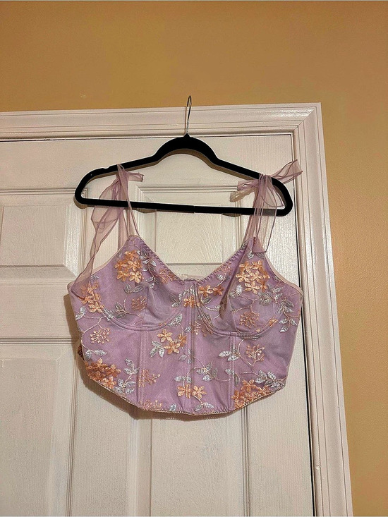 Urban Outfitters Tops - Lavender Floral Embroidered Corset Crop Top Sheer Tie Straps Fairycore Coquette